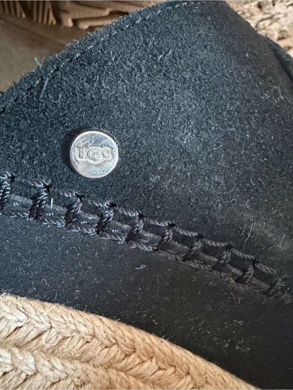 UGG Black Suede Braided Espadrille Wedge Sandals